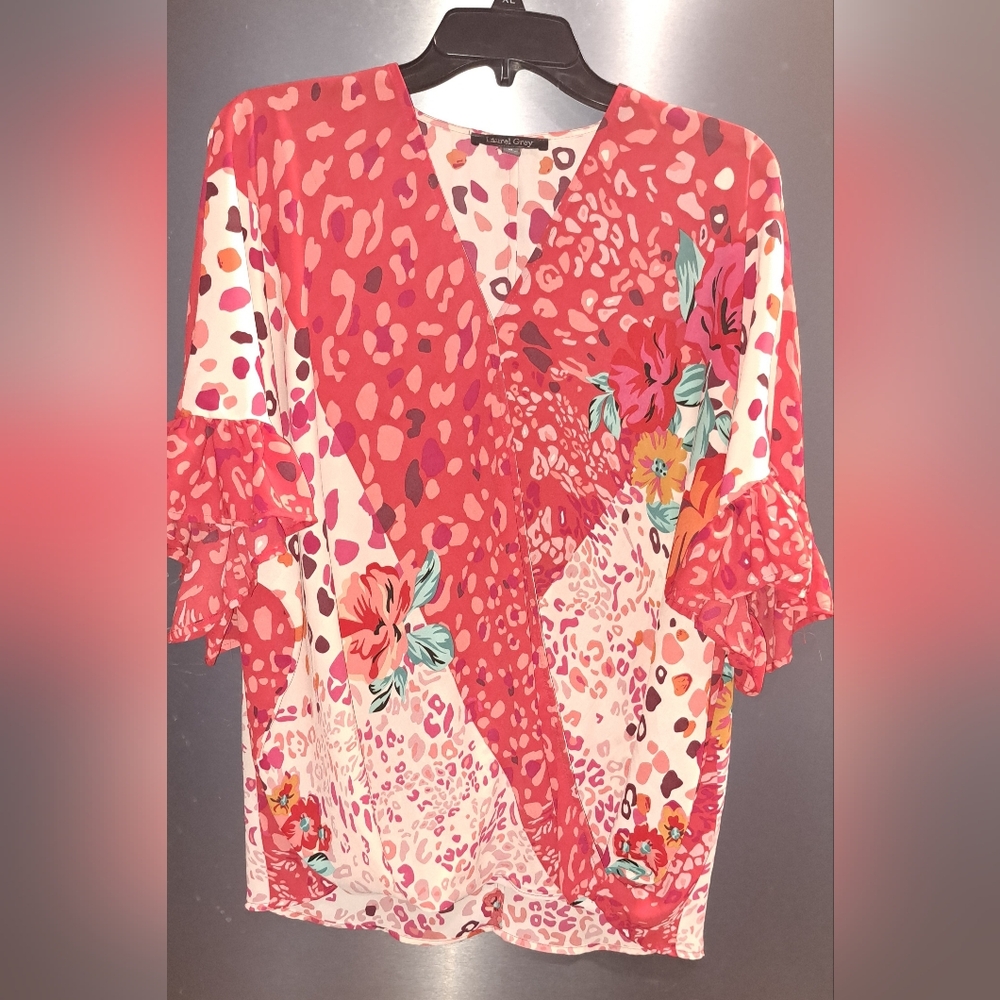 Laurel Grey Peasant Faux Wrap Snap Front Top Blouse Boho Hippie Art to Wear XL